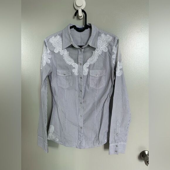 GUESS Striped Sheer Lace Details Button Down Western Shirt Size XS Like New - Picture 1 of 10